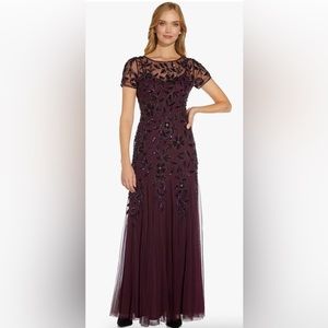 Adrianna Papell Floral Beaded Godet Gown in Deep Plum